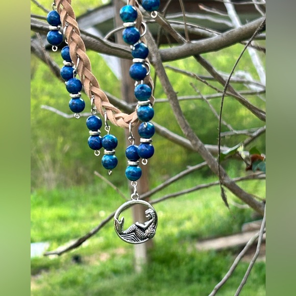 Tan Faux Suede Braided Choker, Blue Stones & Mermaid charm - Picture 1 of 7